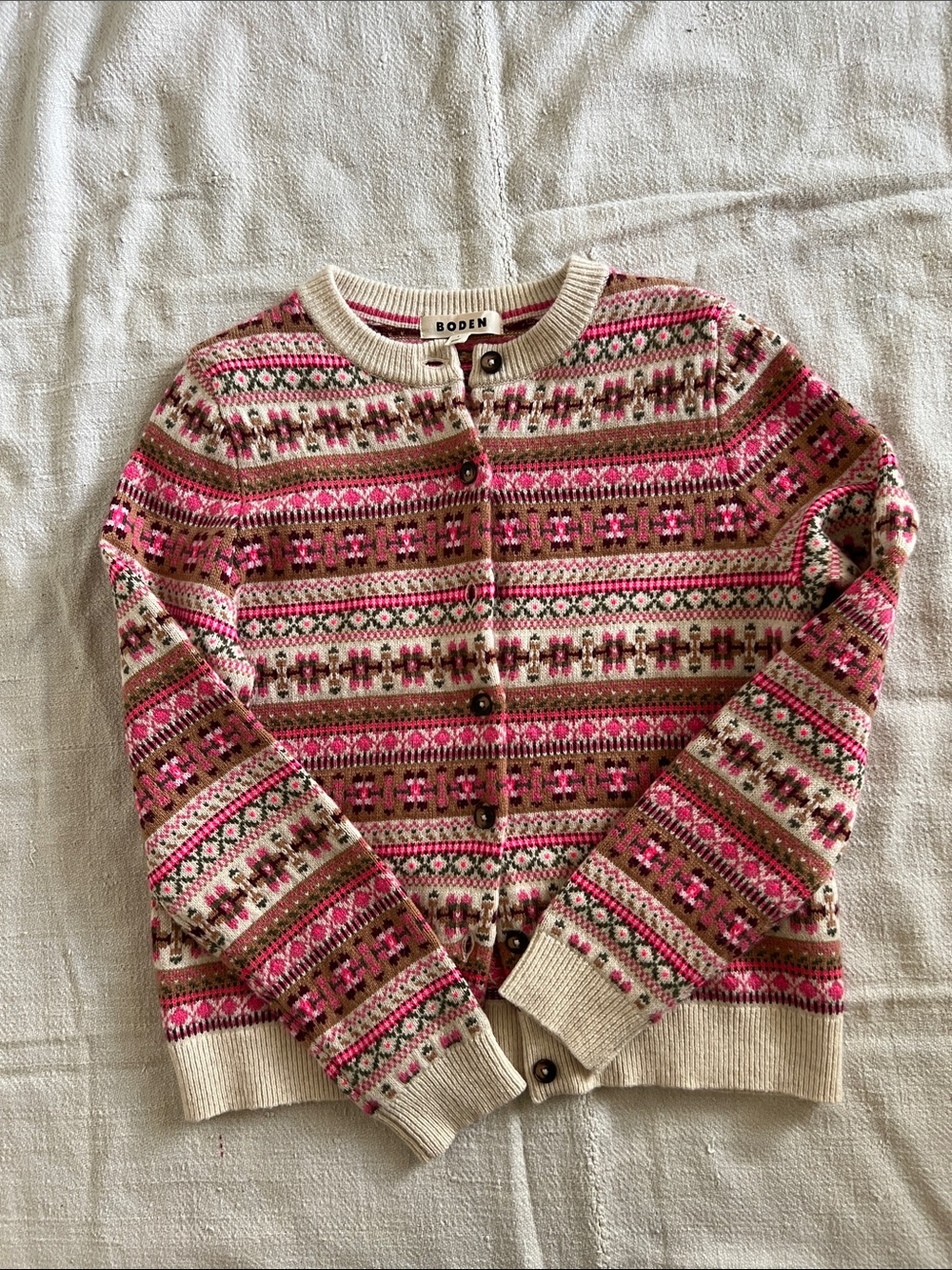 Boden Pink and Cream Fair Isle Button Cardigan